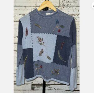 Patchwork Blue Embroidered Pullover Sweater Roll Neck Classic Elements 90s -Sz M